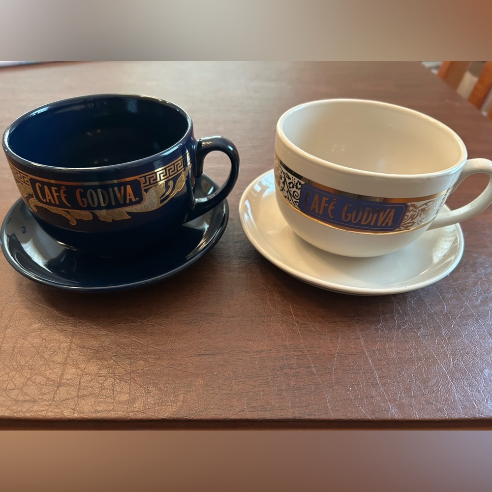 Cafe Godiva Navy and Cream Coffee Mugs, set of two